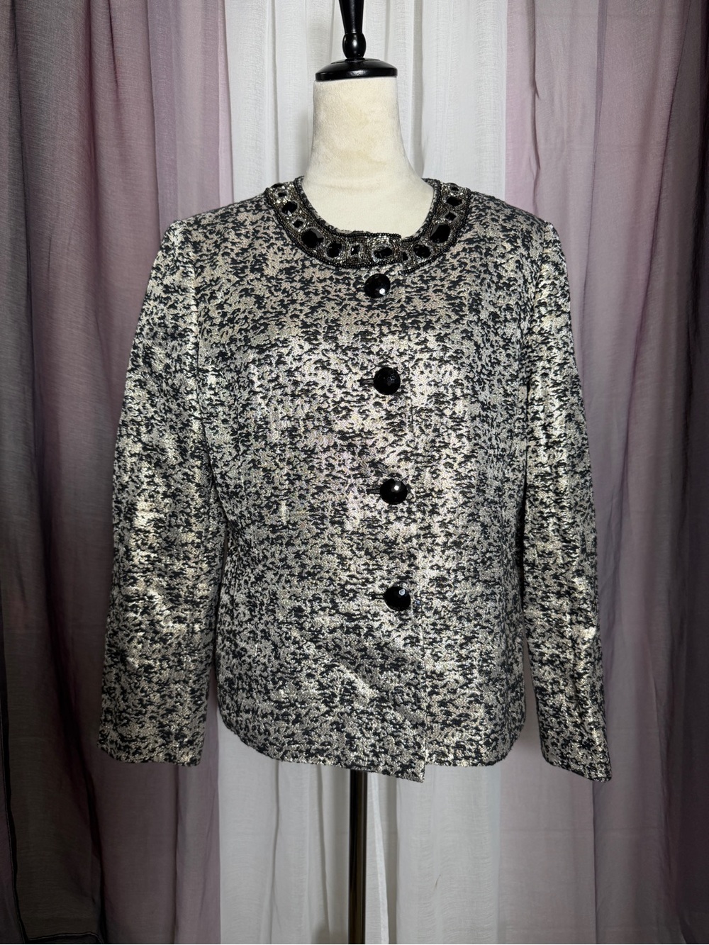 Kasper Black and White Tweed Embellished Collar Jacket